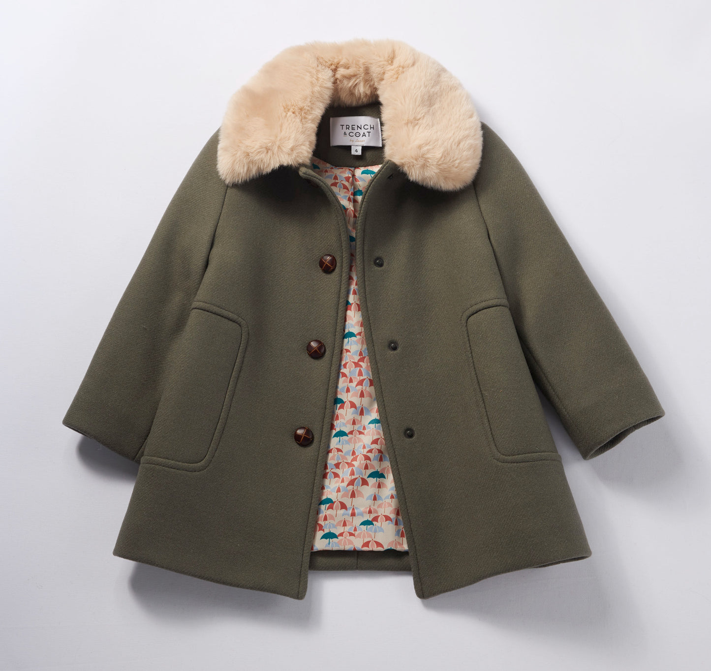 Poupette鼠尾草綠經典毛領羊毛大衣