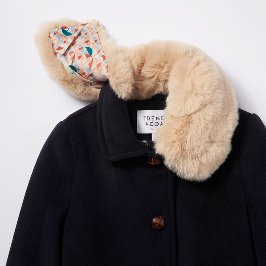 Poupette皇家藍經典毛領羊毛大衣