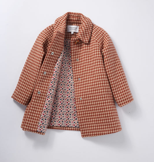 Marelle紅格子鐘型圓領羊毛大衣