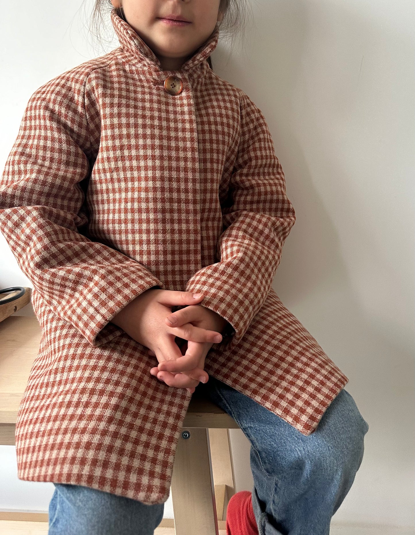 Marelle紅格子鐘型圓領羊毛大衣