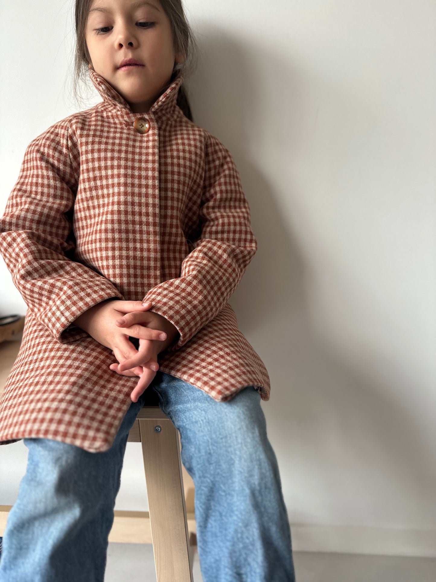 Marelle紅格子鐘型圓領羊毛大衣