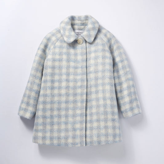 Marelle白藍格紋鐘型圓領羊毛大衣