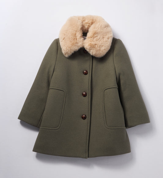 Poupette鼠尾草綠經典毛領羊毛大衣