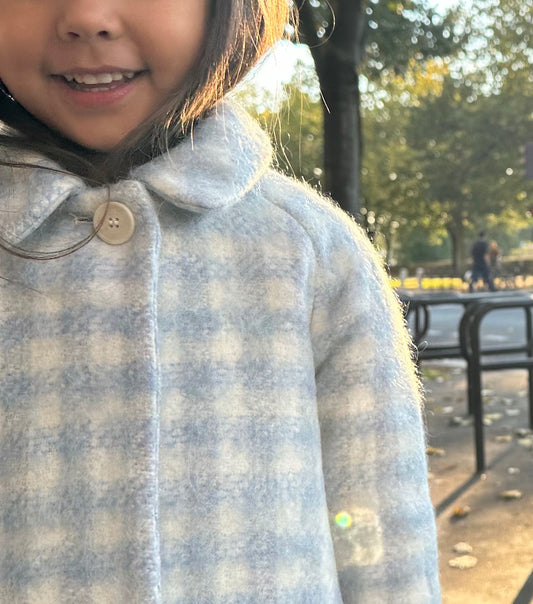 Marelle白藍格紋鐘型圓領羊毛大衣