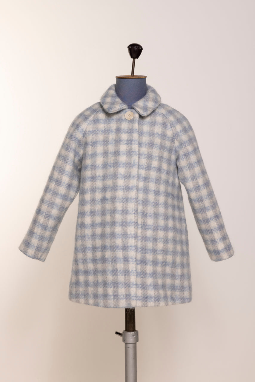 Marelle白藍格紋鐘型圓領羊毛大衣
